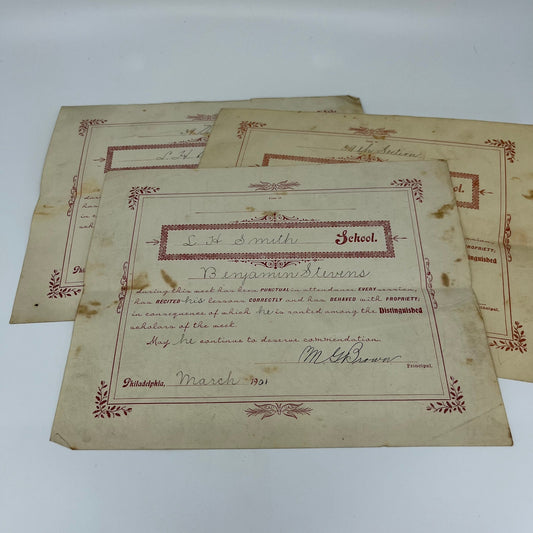 Lot of 1901-02 School Commendation Letters L.H. Smith School Philadelphia PA B6