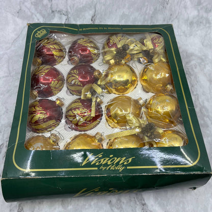 Visions by HOLLY 16 Vintage 2 5/8" Glass Ornaments Box Red Stencil Gold OT1