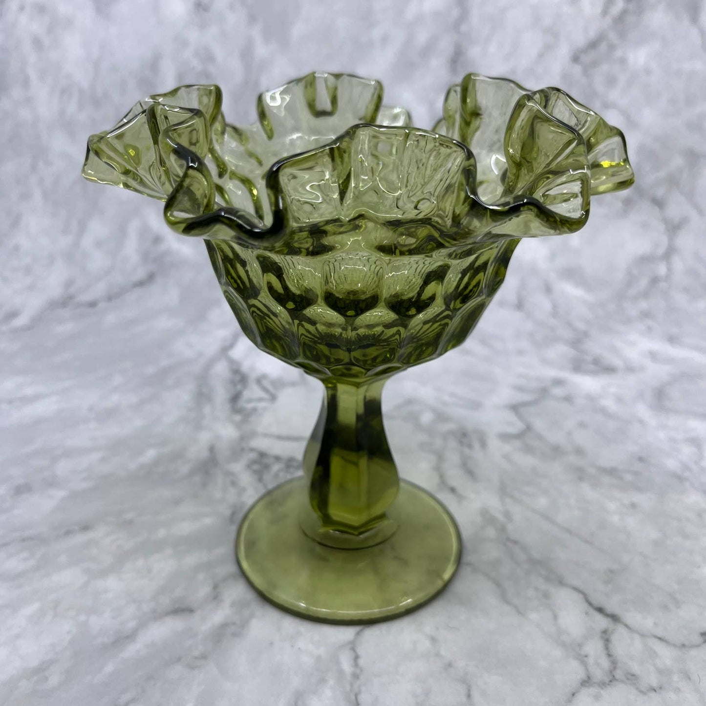 Vintage Fenton Green Ruffled Rim Thumbprint Compote Pedestal Candy Dish 6” TA2