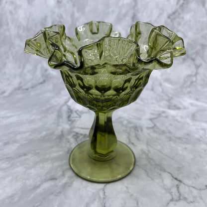 Vintage Fenton Green Ruffled Rim Thumbprint Compote Pedestal Candy Dish 6” TA2