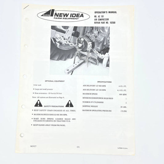 New Idea Operator's Manual No. AC 101 Air Compressor No. 102500 TB9