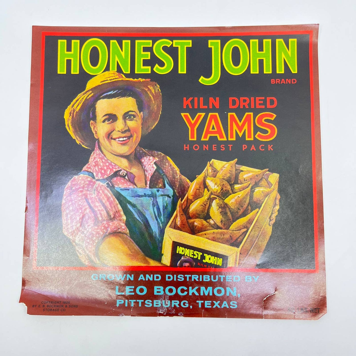 1926 HONEST JOHN YAMS Vegetable Crate Label 9” Leo Bockmon Pittsburg TX FL3-2