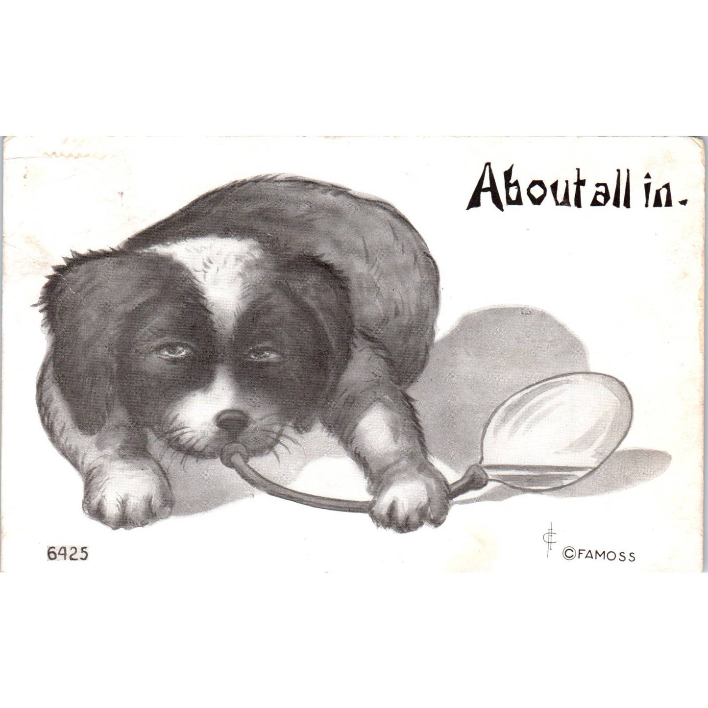 c1910 Comic Postcard FA Moss Sick Dog Puppy Taking Medicine "About All In" EA3