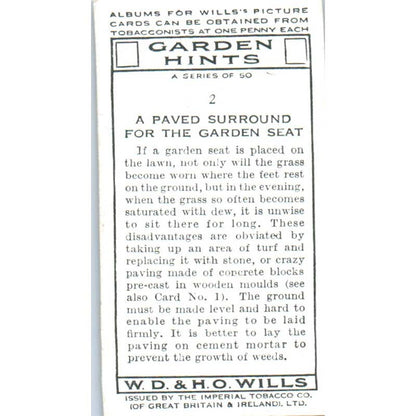 1938 Wills Cigarette Card Garden Hints #2 Paved Surround for the Garden Seat SE5