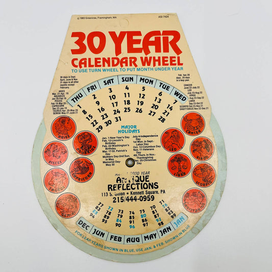 1983 30 Year Calendar Wheel 2-Sided Astrology & State Area Codes SC1