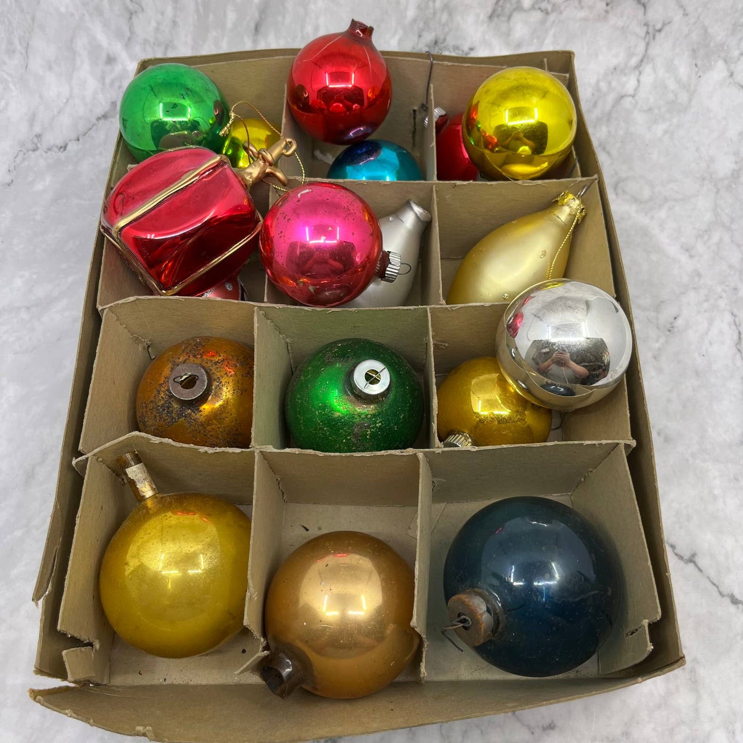 Shiny Brite and Other 18 Vintage Mercury Glass Ornaments With Original Box