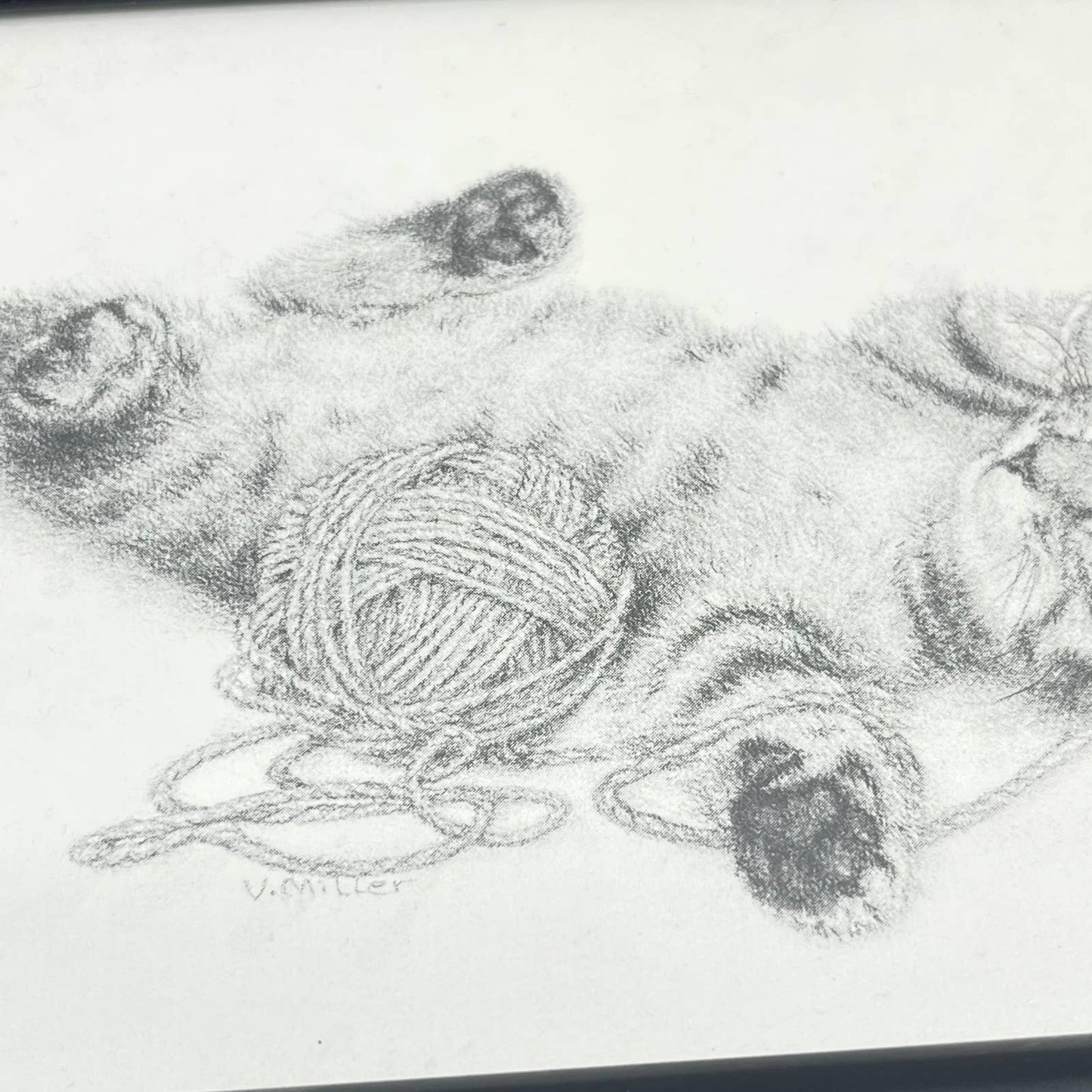 Vtg Charcoal Sketch Set of 2 Kittens Sleeping Playing w/ Yarn V. Miller 5x7” TE6