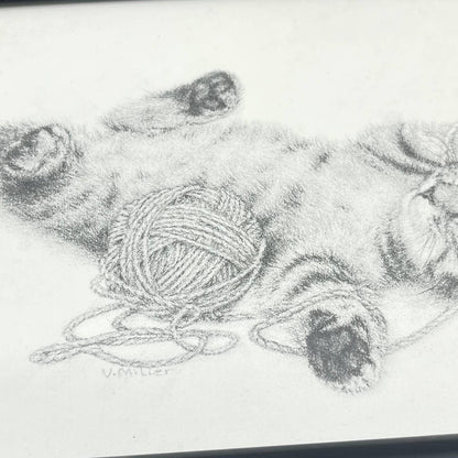 Vtg Charcoal Sketch Set of 2 Kittens Sleeping Playing w/ Yarn V. Miller 5x7” TE6