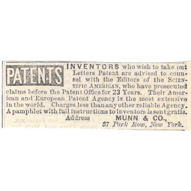 Inventor Patents Munn & Co New York - Ad 1878 Original TJ7-L2-4