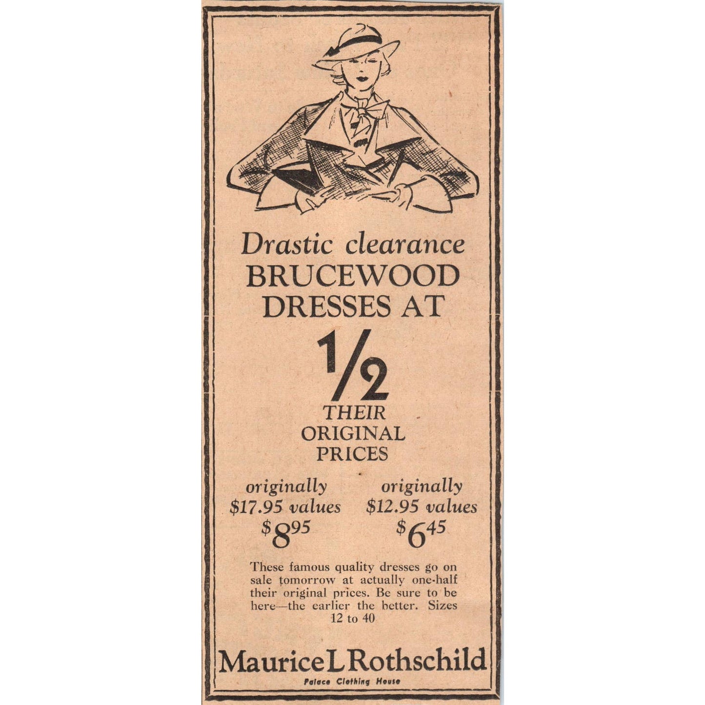 1935 Mpls Journal Newspaper Ad Maurice L Rothschild Brucewood Dress Sale FL5-3