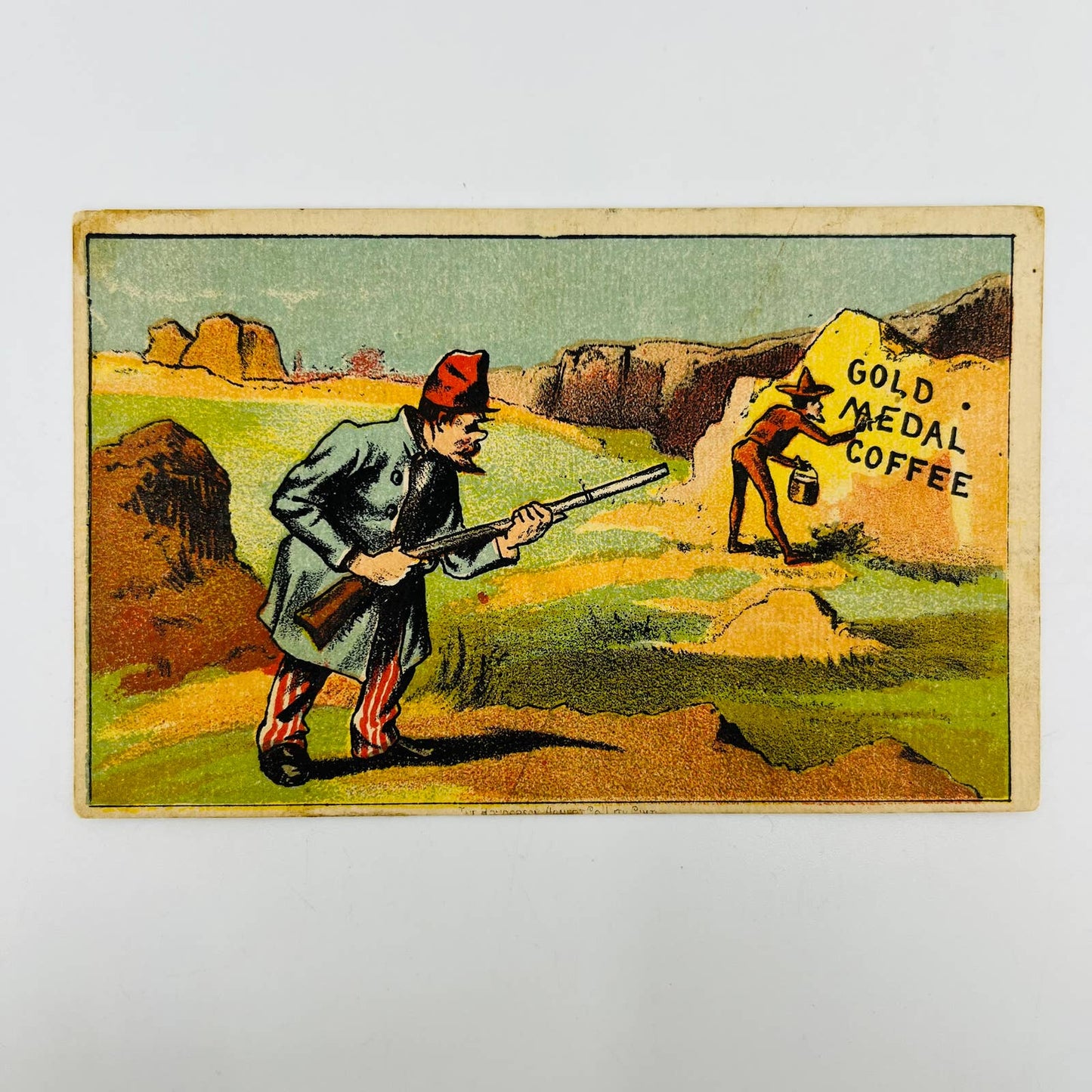 1880s Embossed Victorian Trade Card Gold Medal Coffee Hunter Rifle AA2