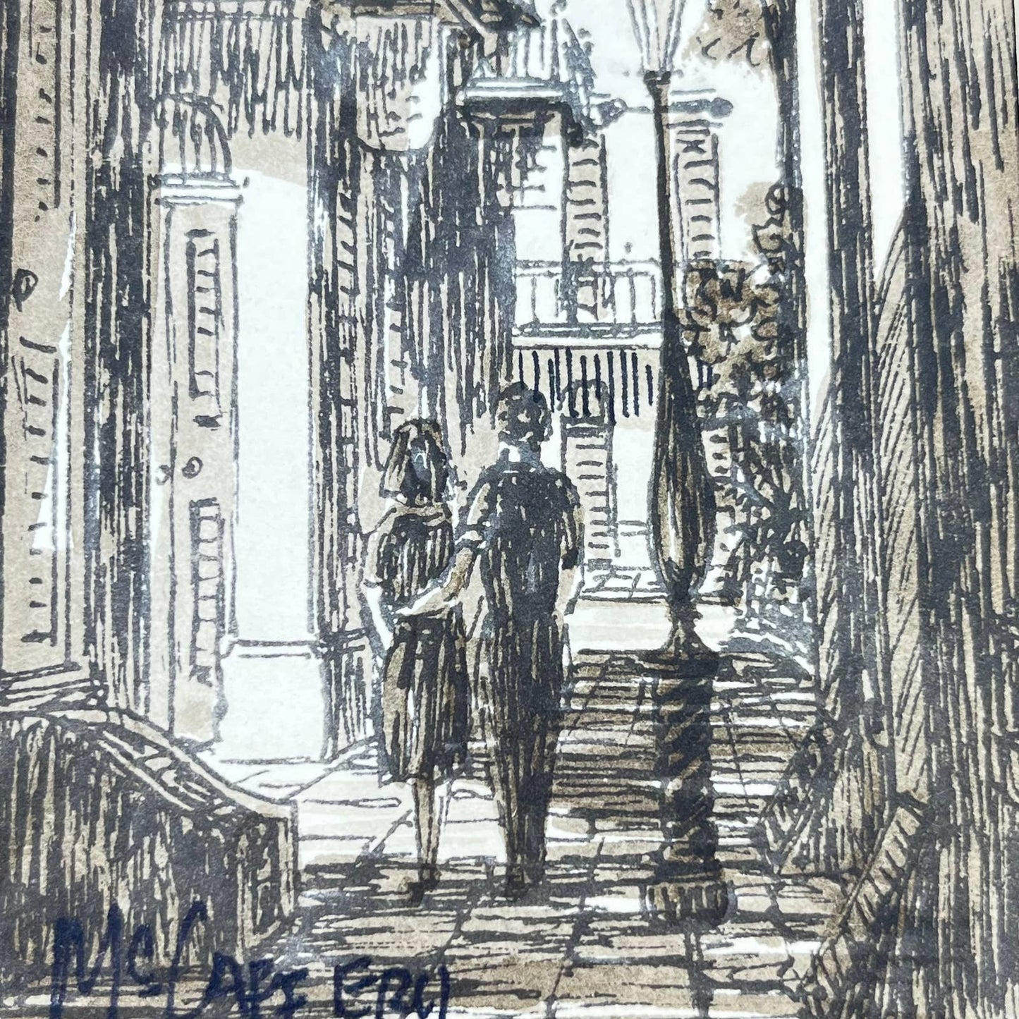 1940s Original Art Ink Sketch and Brown Wash City Scenes McCaffery Set of 2 TE1