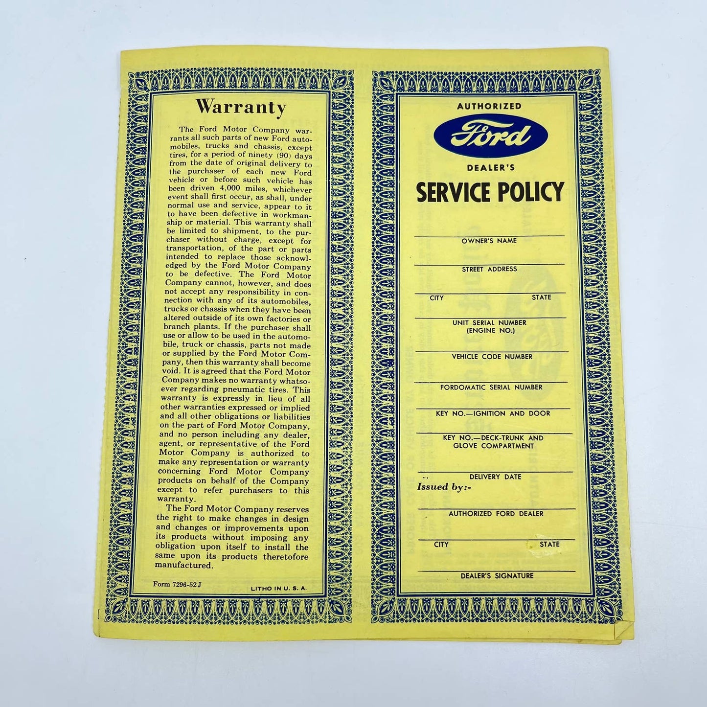 1950s Authorized Ford Dealer Service Policy Warranty Deed Inspection Sheet AA7