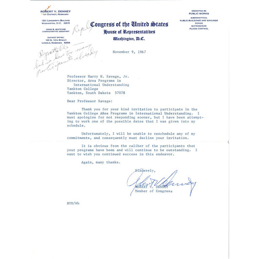 House of Representatives Official Letterhead Robert V. Denney Nov 1967 TK1-P6