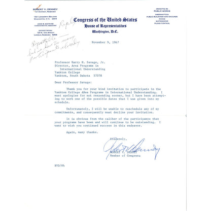 House of Representatives Official Letterhead Robert V. Denney Nov 1967 B11