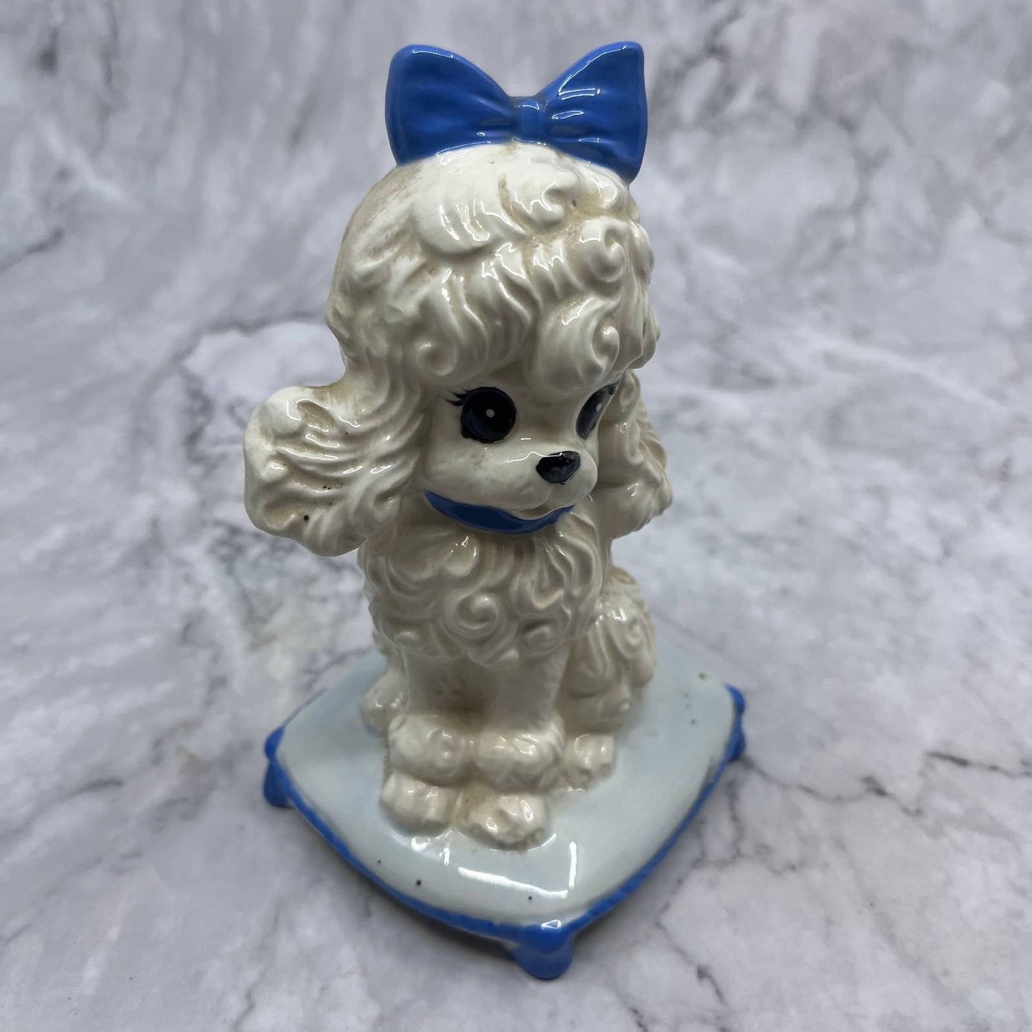 Vintage MCM White Poodle on Pillow Lusterware Figurine Ceramic 5.5" TI8