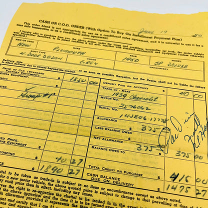 1950 Plymouth SP Deluxe Invoice Haslacker Motor Co. Fred Foltz Hagerstown MD D1