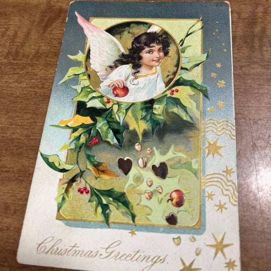 c1900 Tuck's RTS Christmas Postcard Angel Mistletoe Holly Berries Gold Star PA2