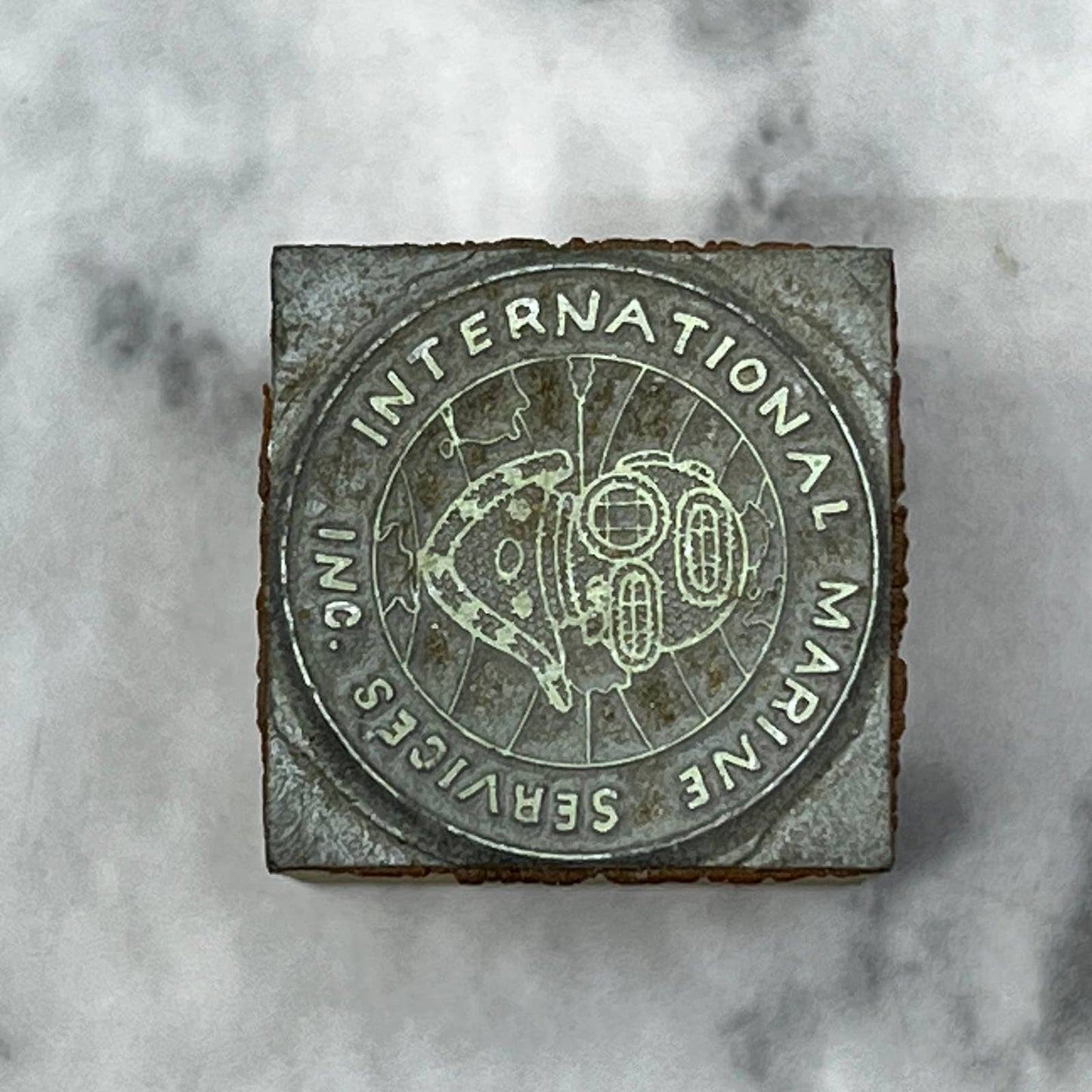 Vtg Printers Block Plate International Marine Services Inc. Scuba Helmet TJ58