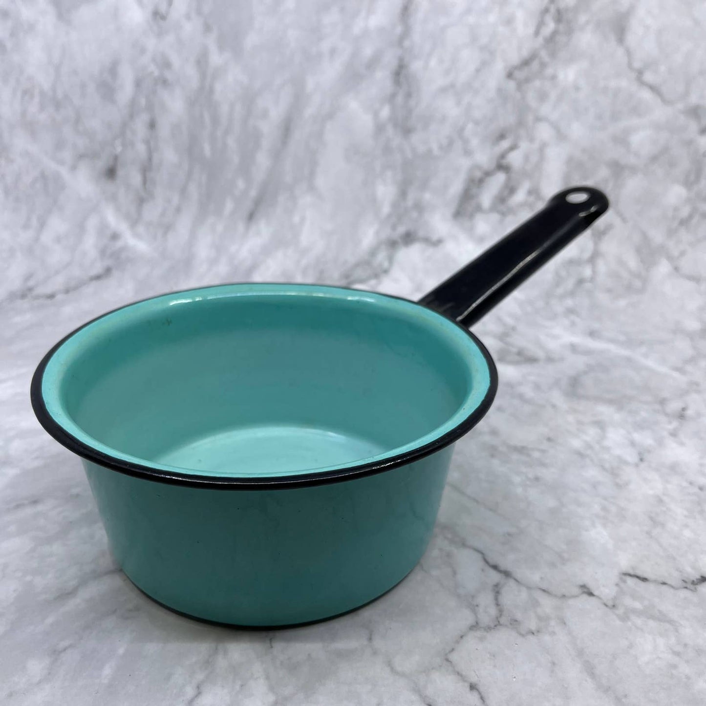 Vintage Enamelware Sauce Pan Turquoise w/ Black Trim 6" TJ1