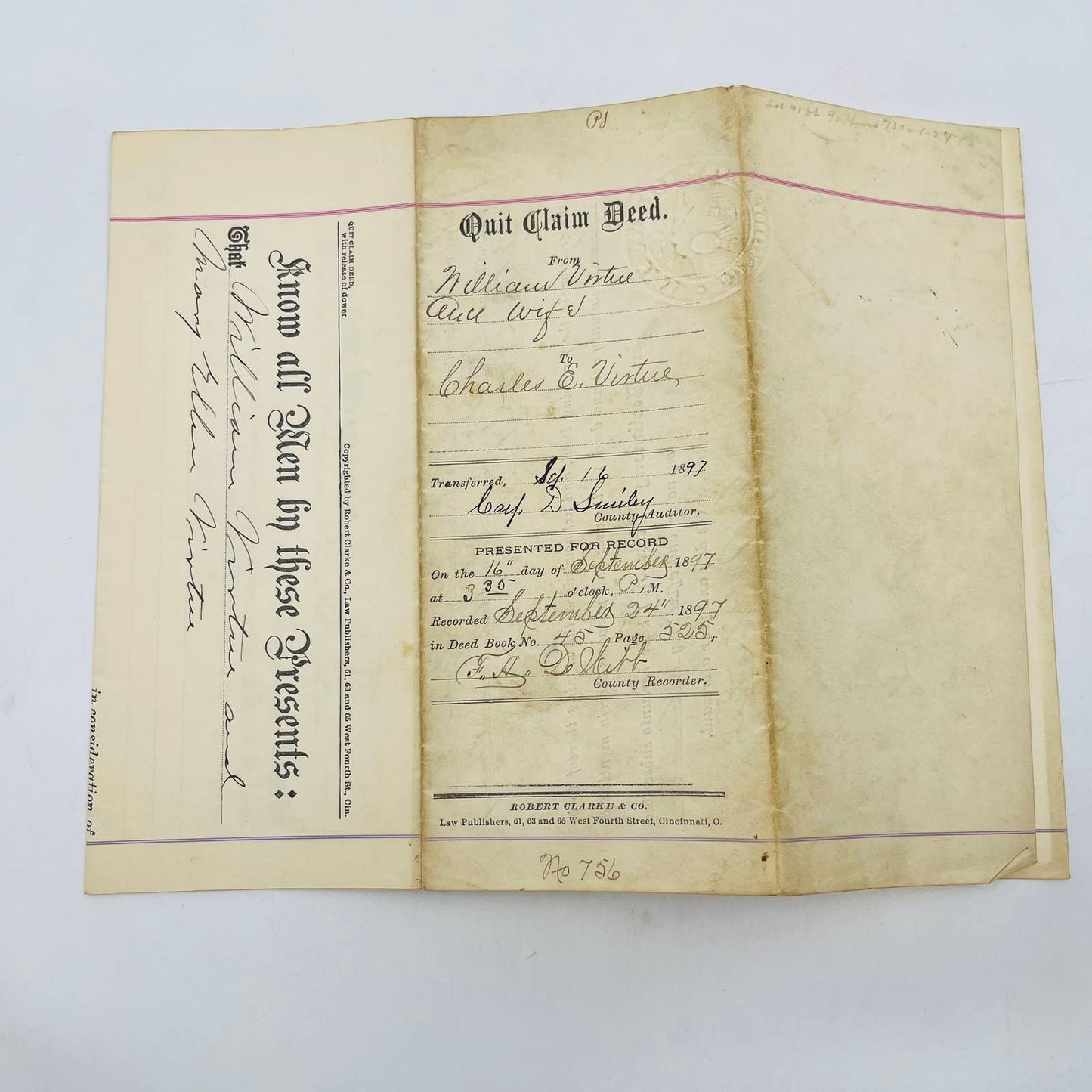 1897 Quit Claim Deed Charles E. Virtue Cincinnati Ohio C12