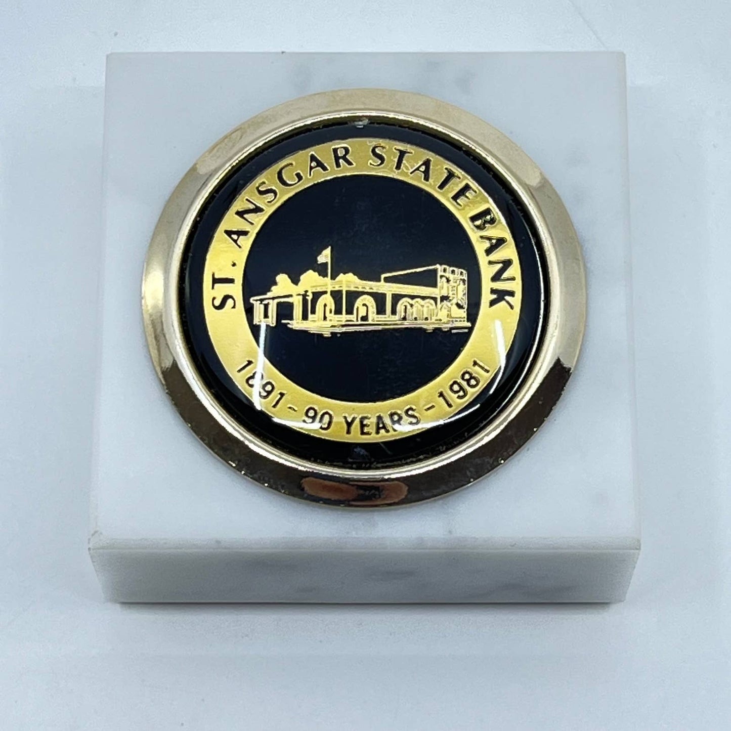 1981 St. Ansgar State Bank Iowa 90th Anniversary Marble Paperweight SD3