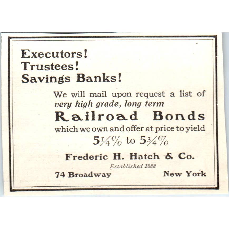 c1920 Harper's Magazine Ad - Frederic H. Hatch & Co Railroad Bonds EA3