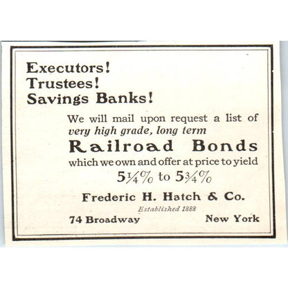 c1920 Harper's Magazine Ad - Frederic H. Hatch & Co Railroad Bonds EA3