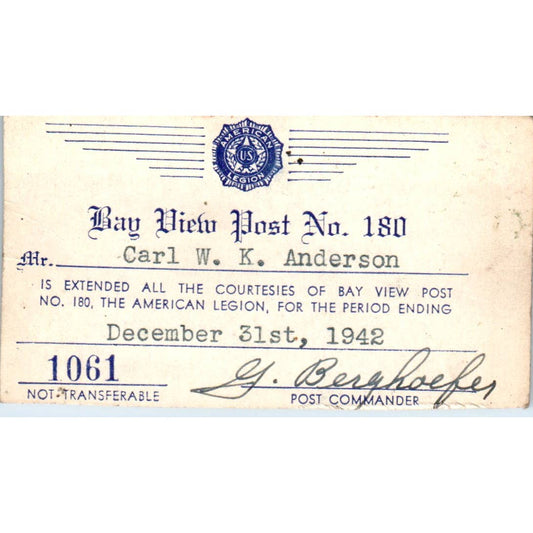 1942 American Legion Bay View Post 180 Membership Card Milwaukee WI SE5