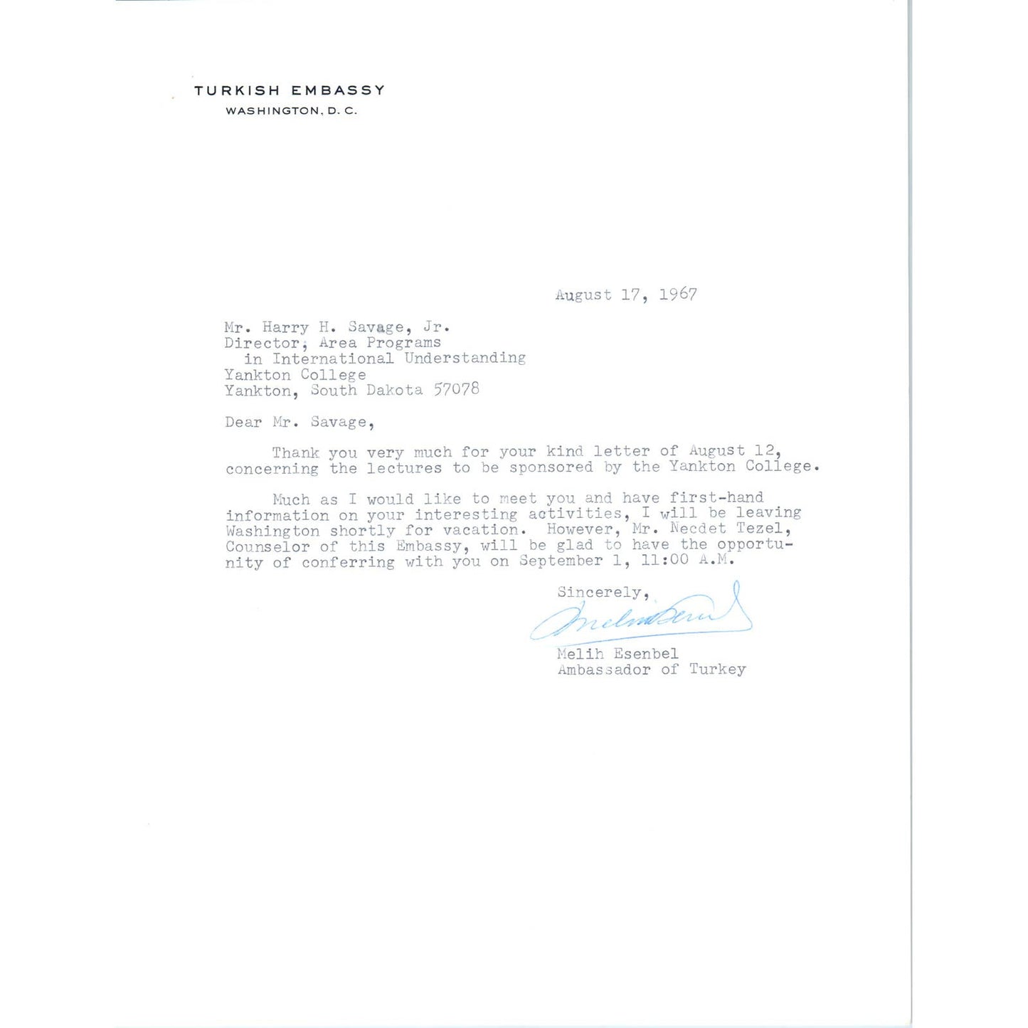 Turkish Embassy Letterhead Memo Melih Esenbel Ambassador Aug 1967 TK1-P11