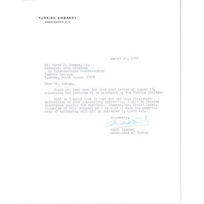 Turkish Embassy Letterhead Memo Melih Esenbel Ambassador Aug 1967 TK1-P11