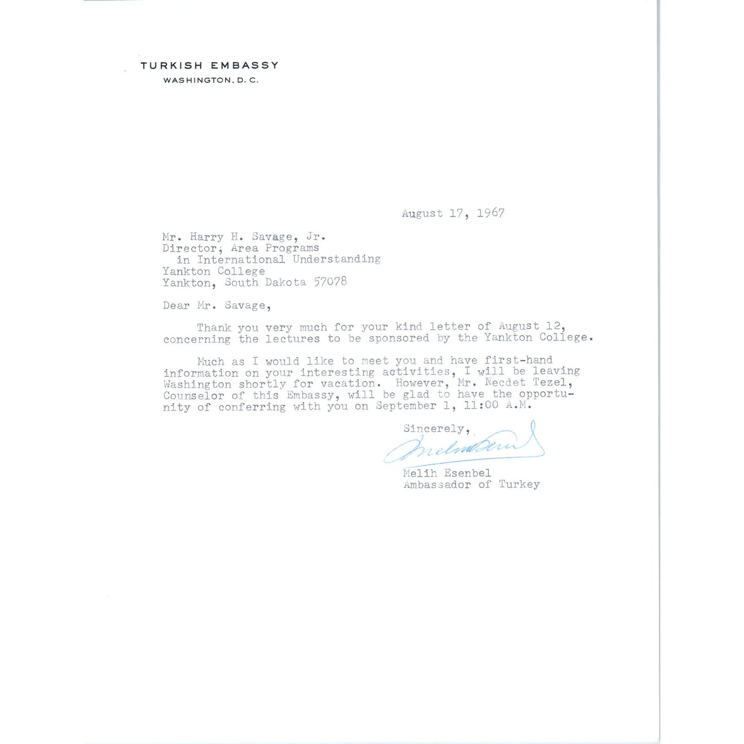 Turkish Embassy Letterhead Memo Melih Esenbel Ambassador Aug 1967 B15