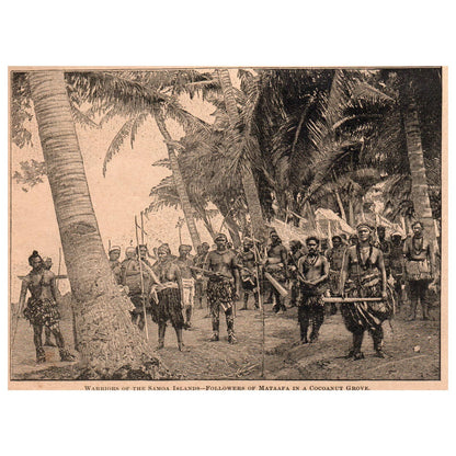 Warriors of the Samoa Islands 5x6.5" Original Engraving 1899 TJ8-5