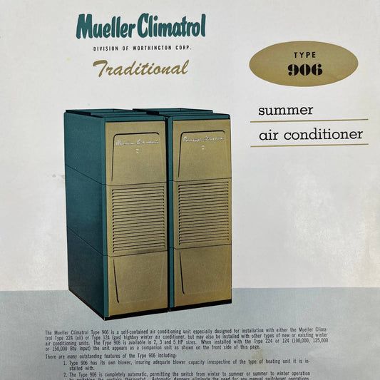 1950s Mueller Climatrol Traditional Type 906 Summer Air Conditioner Leafet AC8