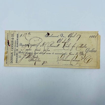 1886 Bank Check Donnan, Cannon & Co. Hardware Dealers Richmond VA AA5