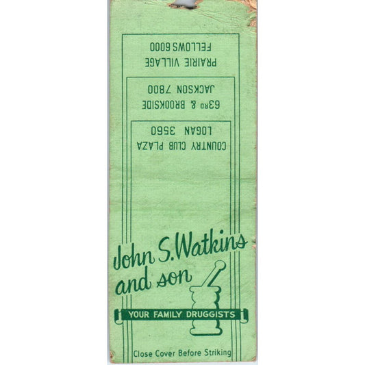 John S. Watkins & Son Druggists Kansas City Advertising Matchbook Cover SA9-M3