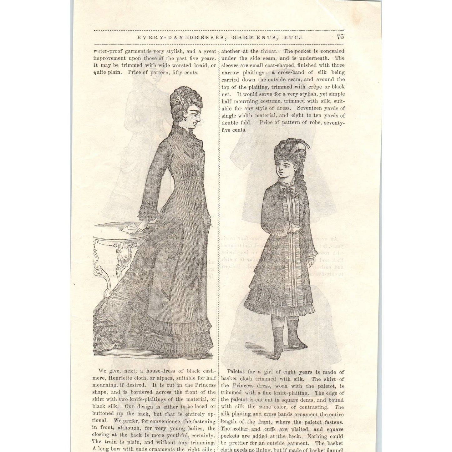 1878 Victorian Engraving House Dress Black Cashmere, Henriette Cloth, Alpaca SF2