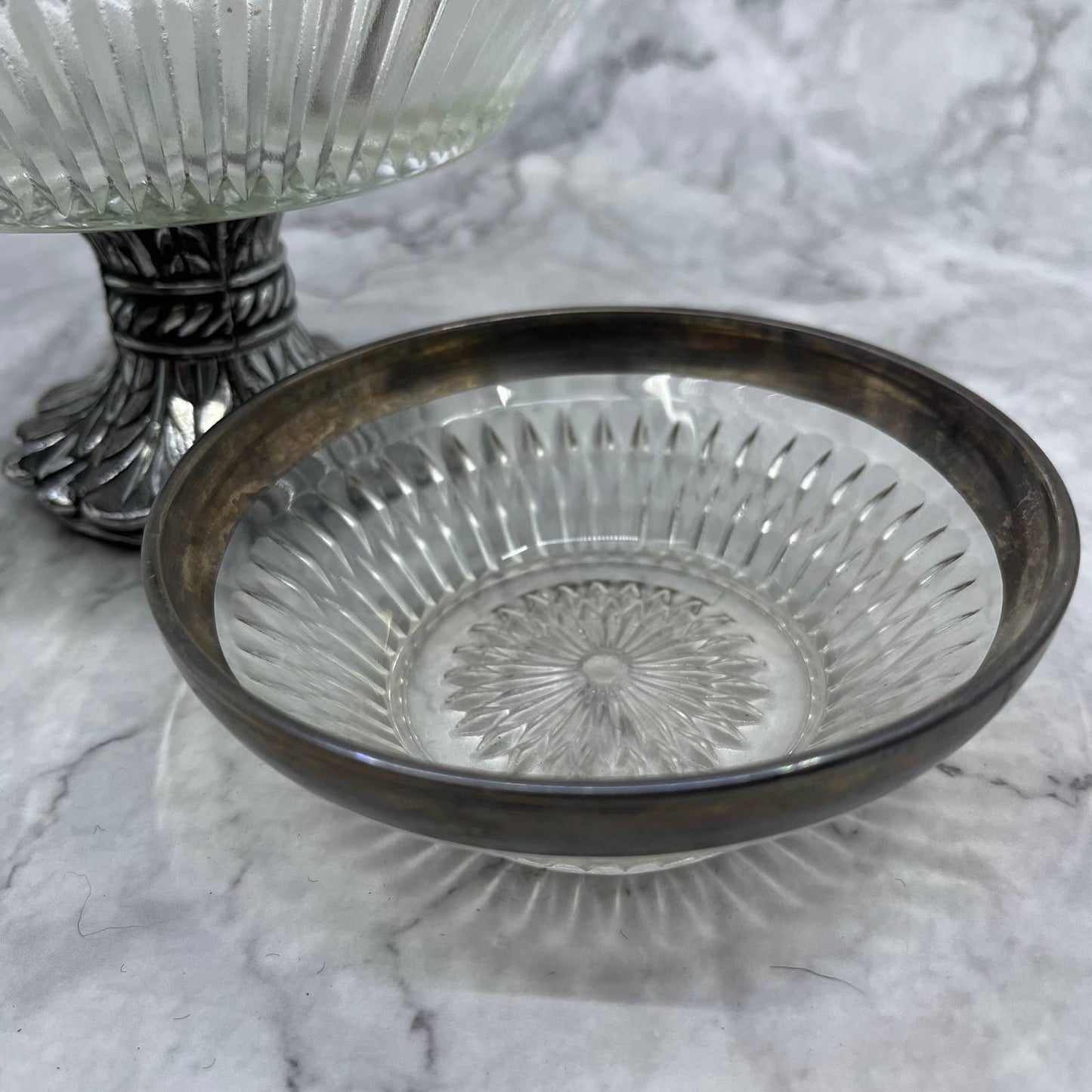 Vtg Pedestal Crystal Chip and Dip Bowl Set Fruit Bowl w/ Metal Rim & Base TE3