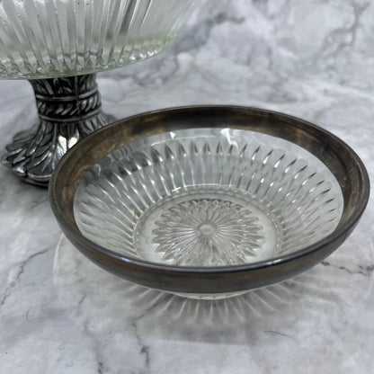Vtg Pedestal Crystal Chip and Dip Bowl Set Fruit Bowl w/ Metal Rim & Base TE3