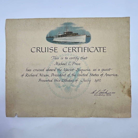 1972 President Richard Nixon Cruise Certificate USS Sequoia Michael Price FL4