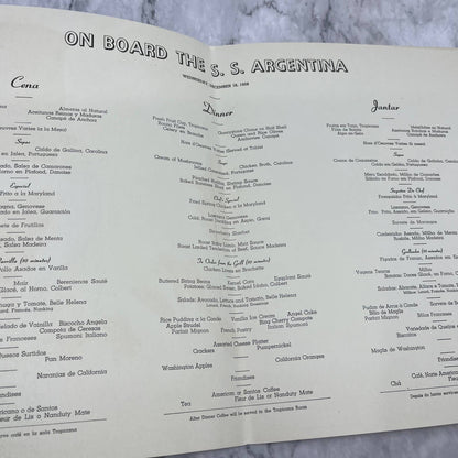 Original SS Argentina Cruise Ship Restaurant Menu Dec 16, 1959 TD8