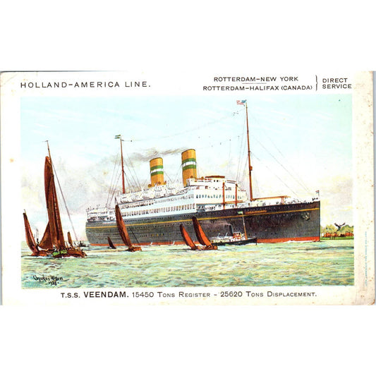 Holland-America Line TSS Veedam Steam Ship - Original Postcard TJ9-P1