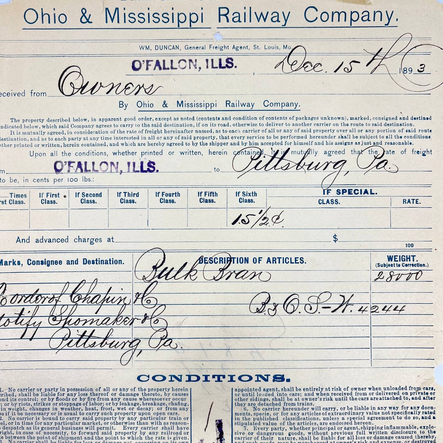 1893 Ohio & Mississippi Railway Company Freight Contract D8