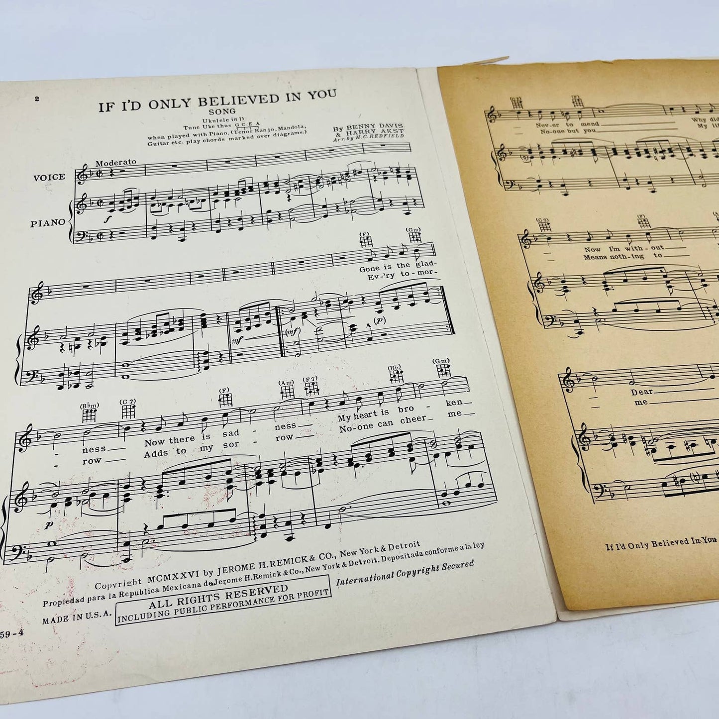 1926 If I’d Only Believed In You Benny Davis Harry Akst Sheet Music