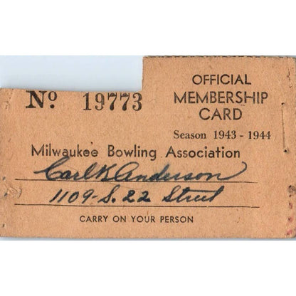 1943 Milwaukee Bowling Association Membership Card Carl W. K. Anderson SE5-1