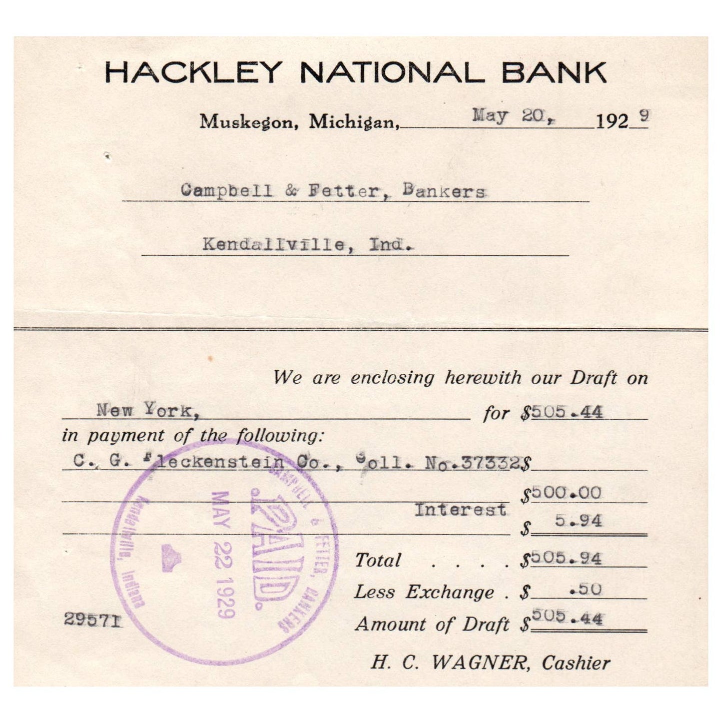 1929 Hackley National Bank Draft Letterhead H.C. Wagner Muskegon MI AD8