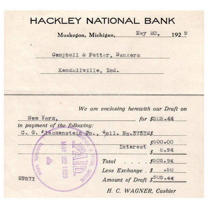 1929 Hackley National Bank Draft Letterhead H.C. Wagner Muskegon MI AD8