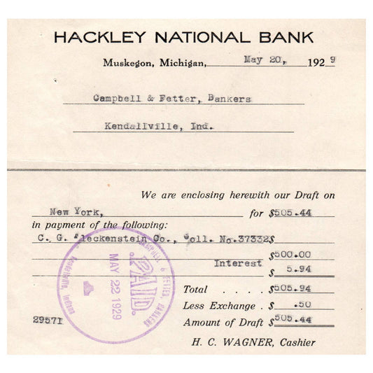 1929 Hackley National Bank Draft Letterhead H.C. Wagner Muskegon MI AD8