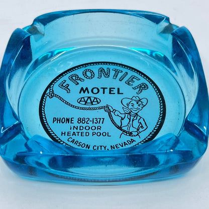 Vintage Cobalt Blue Advertising Ashtray Frontier Motel Carson City NV Cowboy TF4