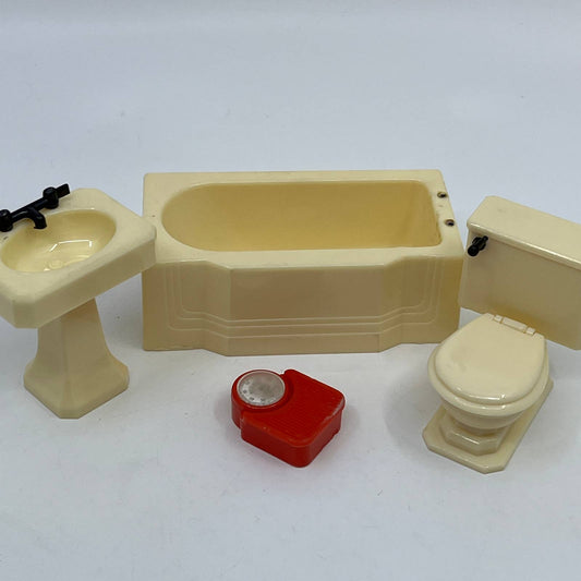 1946 RENWAL White Tub, Sink, Toilet & Red Scale Hard Plastic Dollhouse Lot TC3